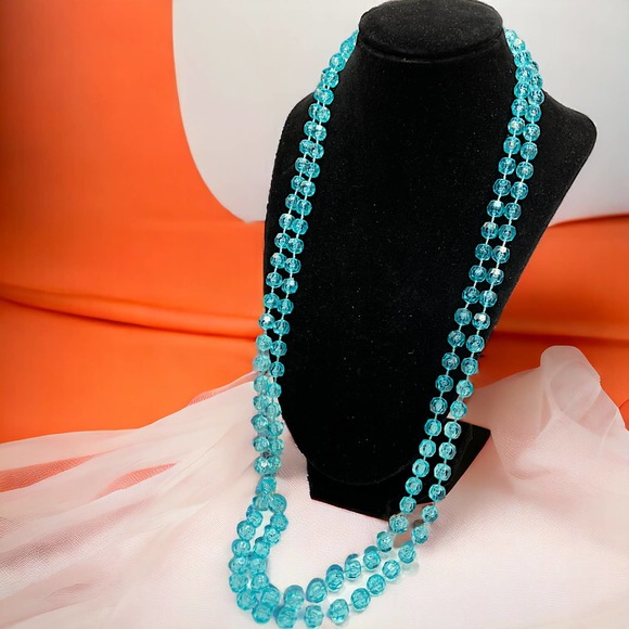 Long Transparent Turquoise Beaded Necklace! - Picture 1 of 6